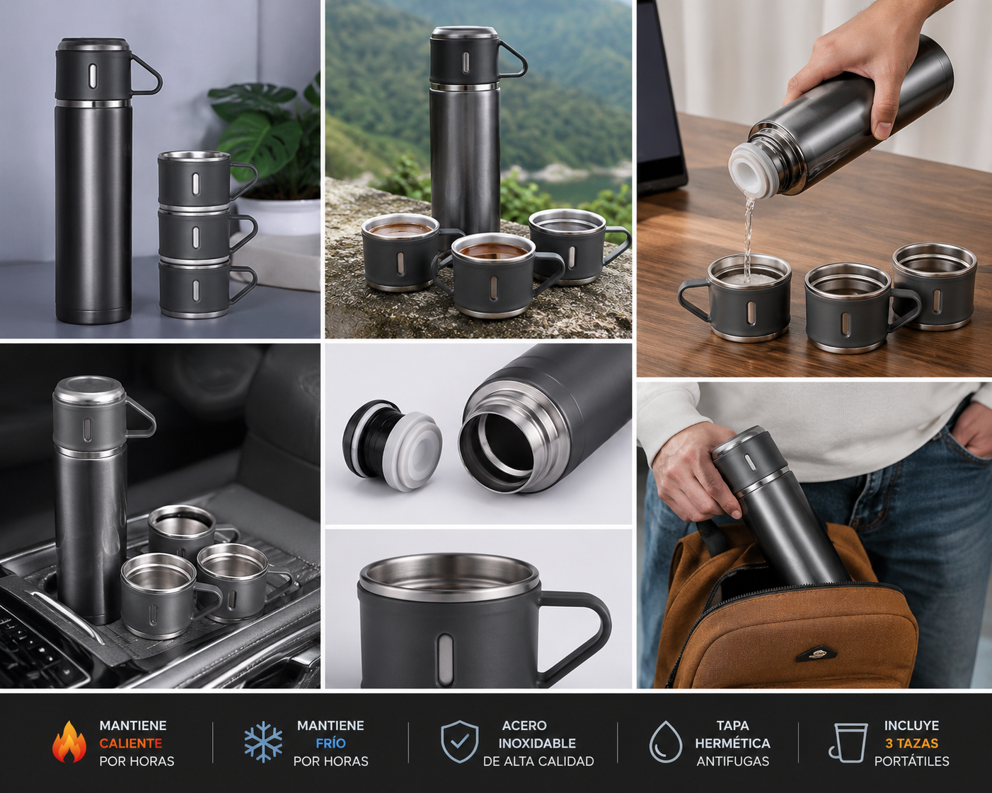 Kit Botella Termica 500 Ml + Tazas Portáctil