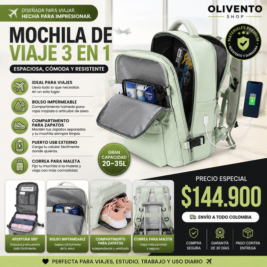 Mochila de Viaje Extensible 40L con Puerto USB y Compartimento para Portátil 15